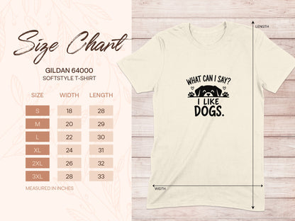Gildan 64000 size chart and t-shirt with "I Like Dogs" graphic.