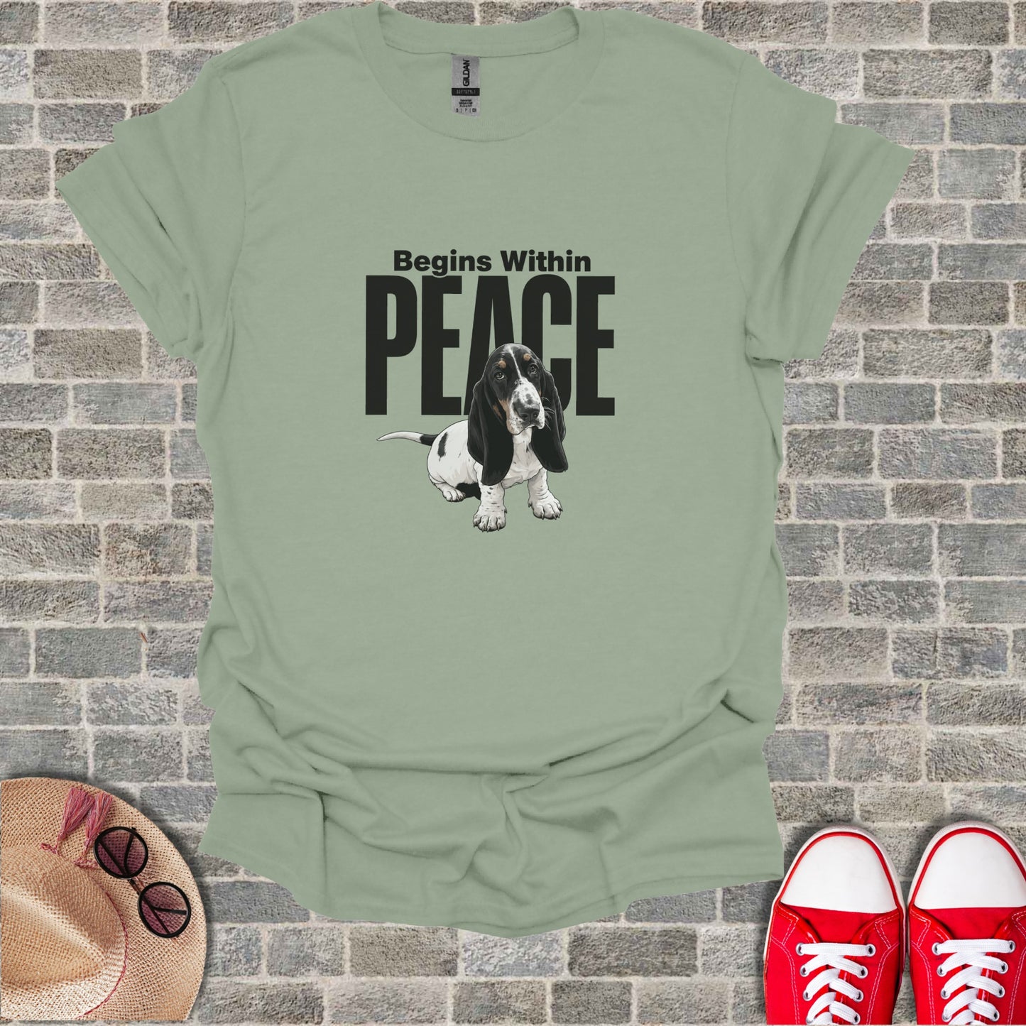 Light green t-shirt with "Begins Within PEACE" text and a Basset Hound.