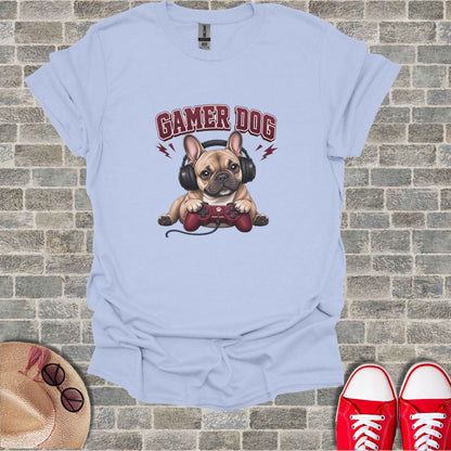 French bulldog wearing headphones holding a video game controller, text "Gamer Dog"