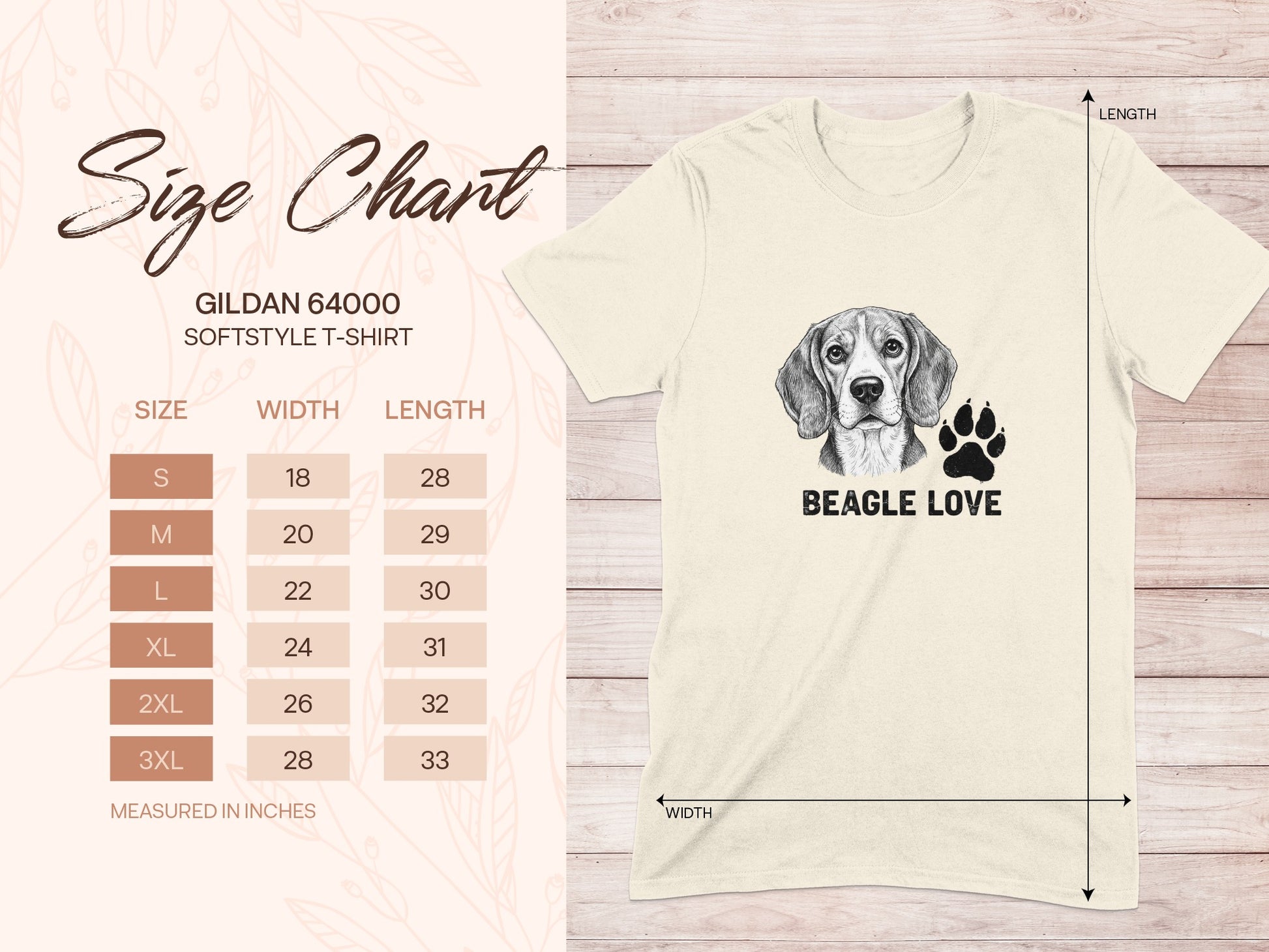 Gildan 64000 size chart for softstyle t-shirt with Beagle Love graphic.