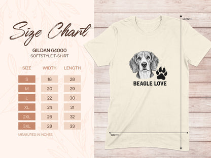 Gildan 64000 size chart for softstyle t-shirt with Beagle Love graphic.