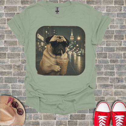 Pug wearing sunglasses drinks iced coffee with "COFFEE" sign and city lights background.