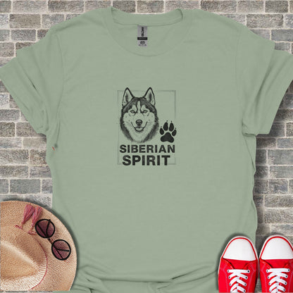 T-shirt with Siberian husky graphic and paw print, "SIBERIAN SPIRIT" text.