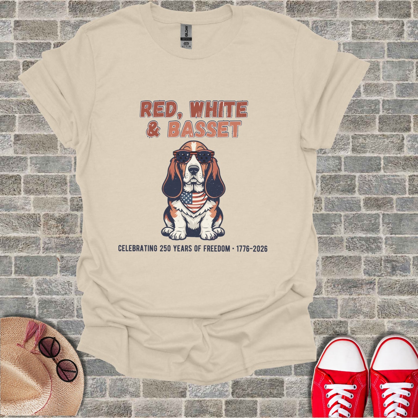 Basset hound wearing sunglasses with "Red, White & Basset" text.