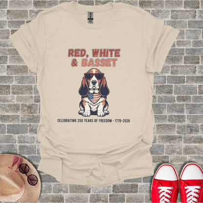Basset hound wearing sunglasses with "Red, White & Basset" text.