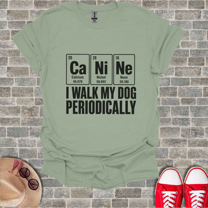 Light green t-shirt with periodic table elements Ca, Ni, Ne and text "I WALK MY DOG PERIODICALLY".