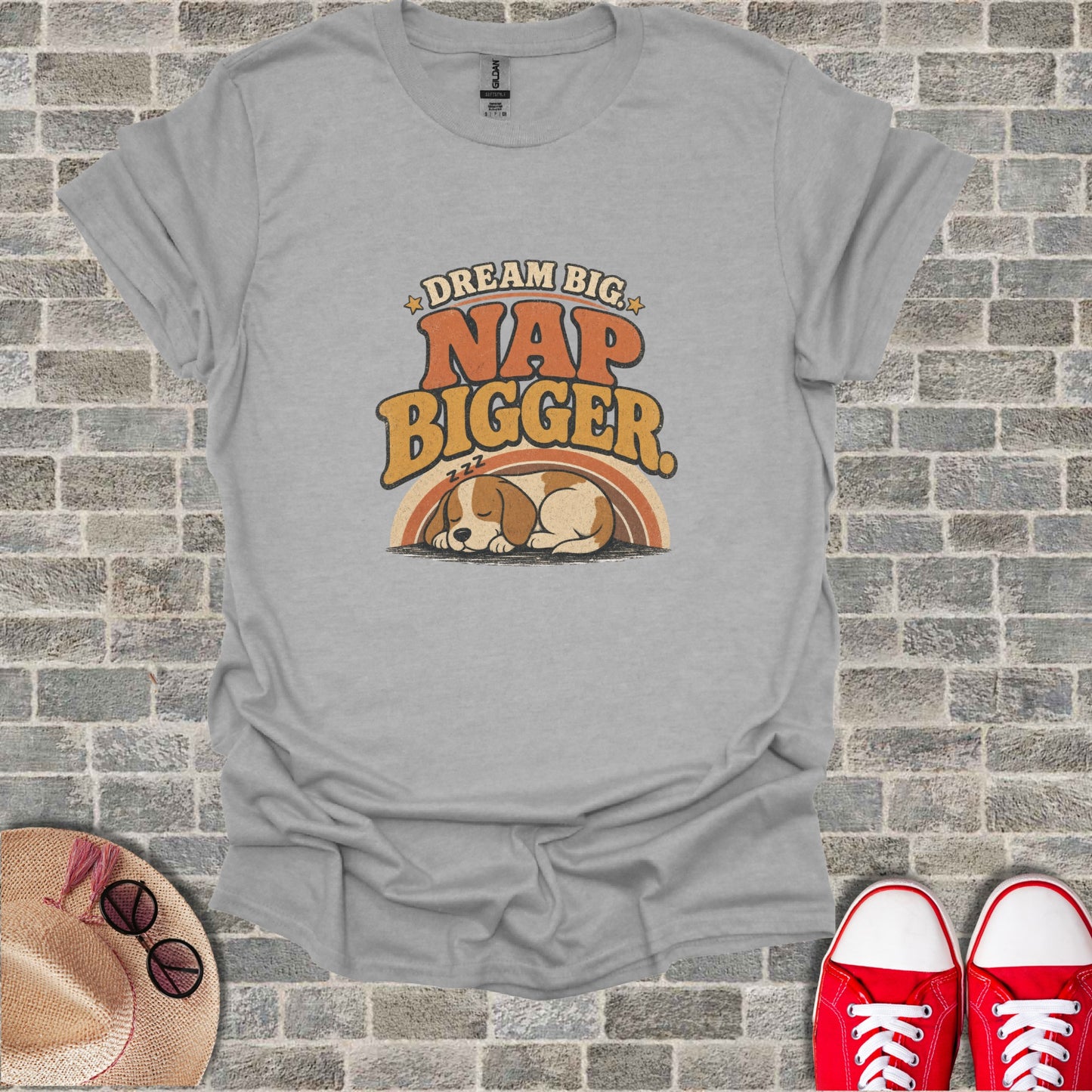 Gray t-shirt with "Dream Big, Nap Bigger" text and a sleeping puppy.