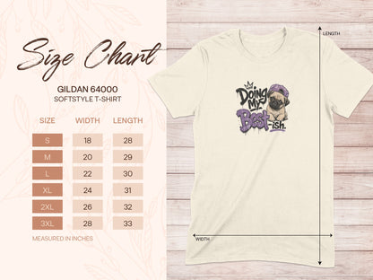 Gildan 64000 size chart for softstyle t-shirt with pug graphic.
