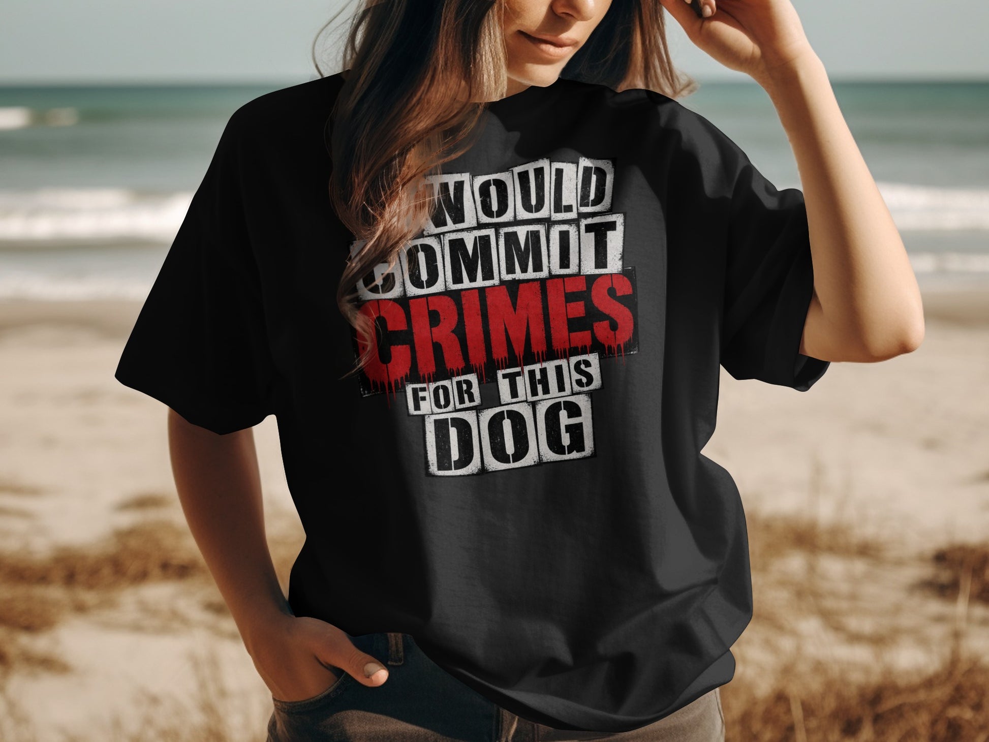 Black t-shirt with "I would commit crimes for this dog" text.