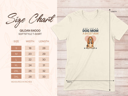 Size chart for Gildan 64000 softstyle t-shirt with "Dog Mom a Basset Mom" graphic.
