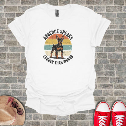 White t-shirt with vintage graphic of a dog and text "Absence Speaks Louder Than Words".