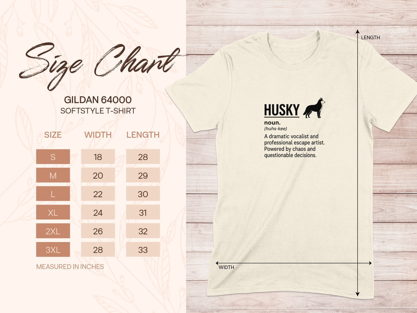 Gildan 64000 t-shirt size chart with Husky graphic and definition.