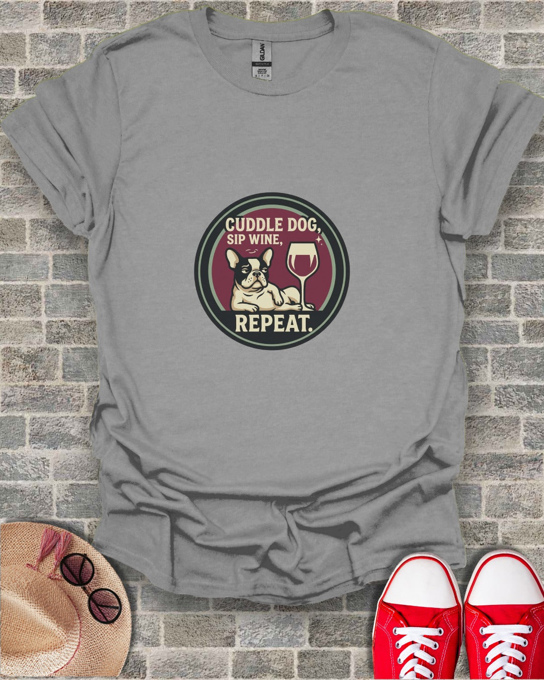 Cuddle Dog Sip Wine Repeat Graphic T-Shirt