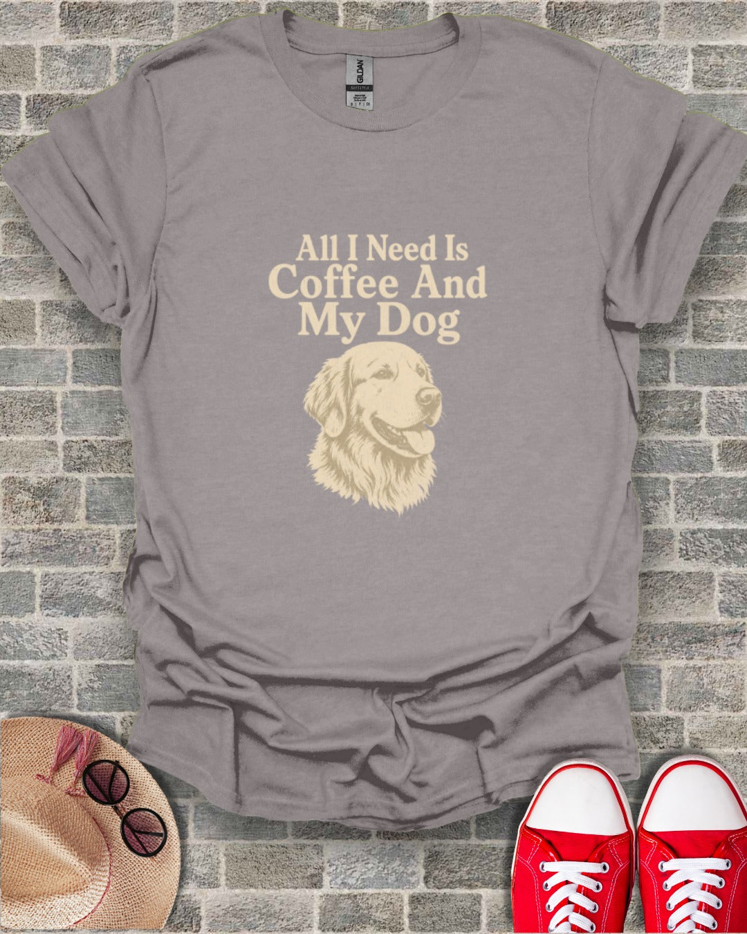 Grey t-shirt with "All I Need Is Coffee And My Dog" text and golden retriever dog graphic.