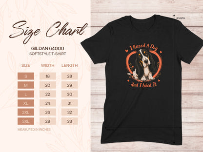 Gildan 64000 size chart showing measurements for a t-shirt with a dog graphic.