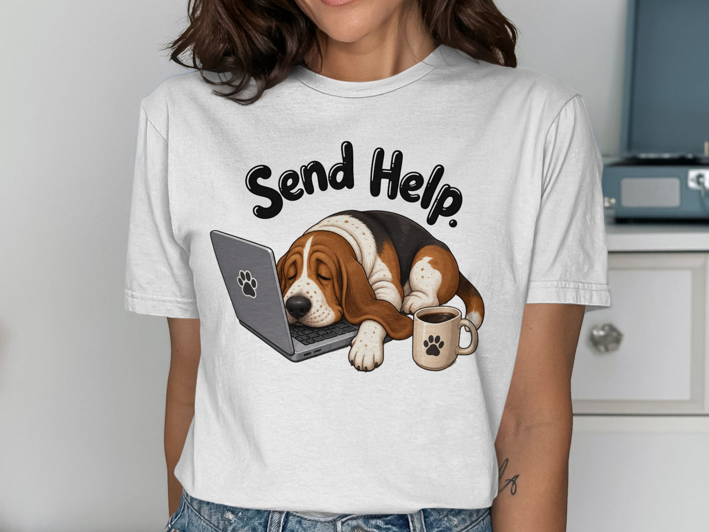 Basset hound sleeping on a laptop with "Send Help" text above.