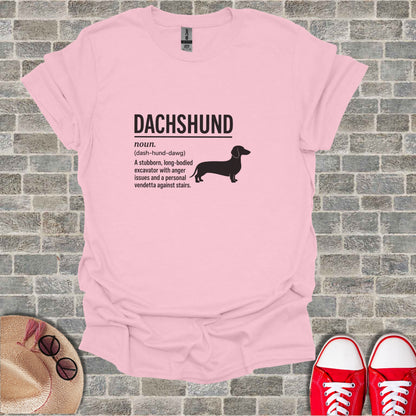 Pink t-shirt with "Dachshund" text and humorous definition.