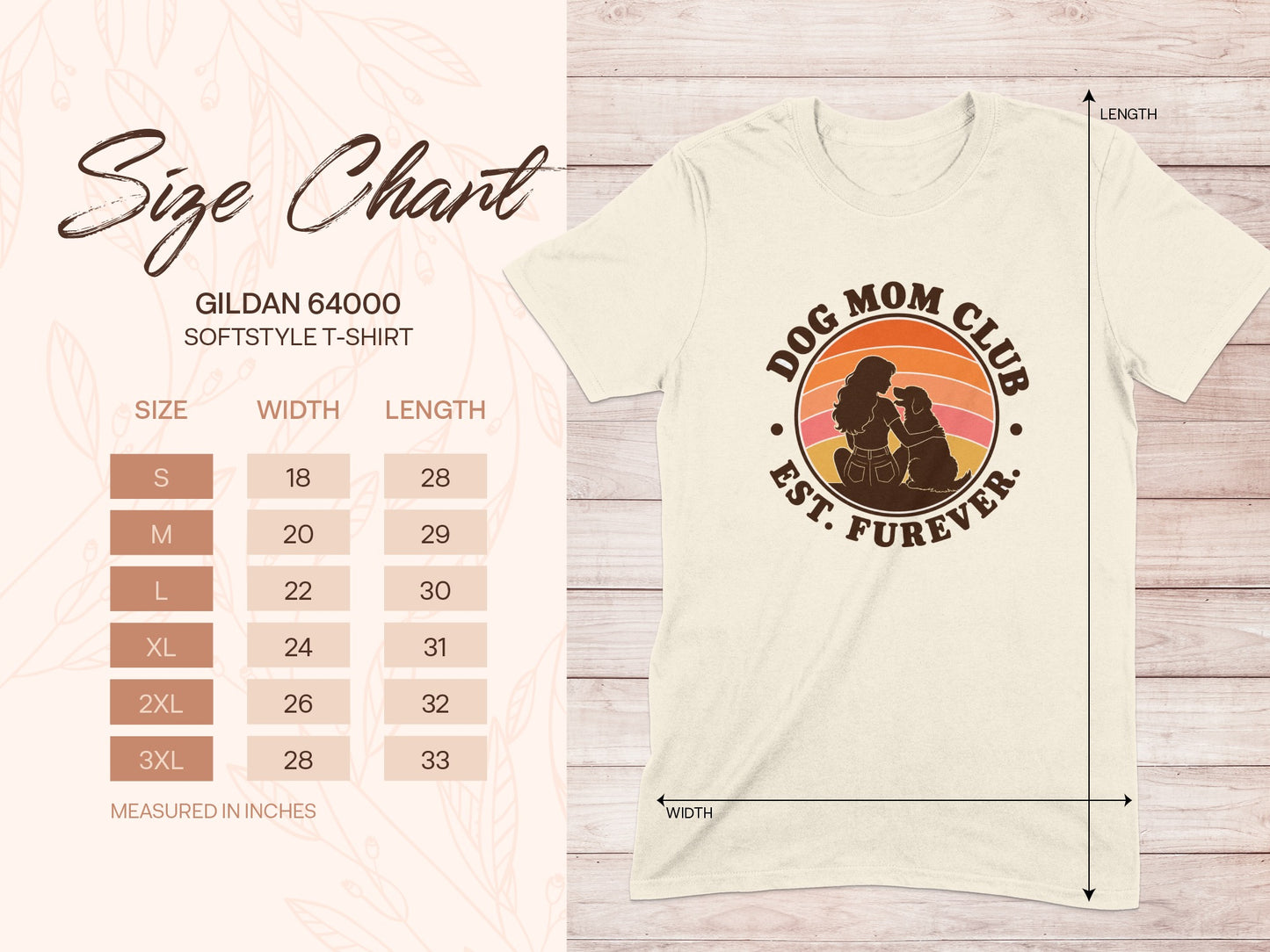 Gildan 64000 softstyle t-shirt size chart with width and length measurements in inches.