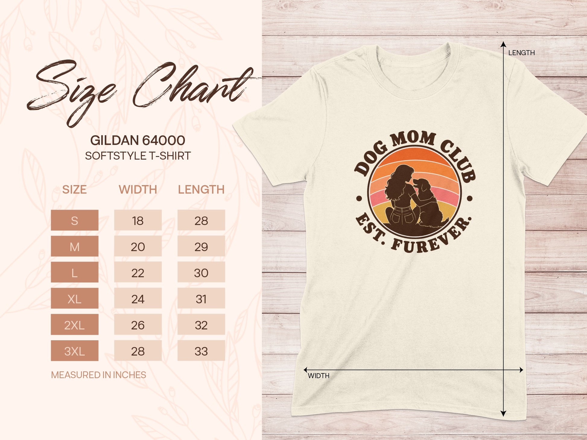 Gildan 64000 softstyle t-shirt size chart with width and length measurements in inches.