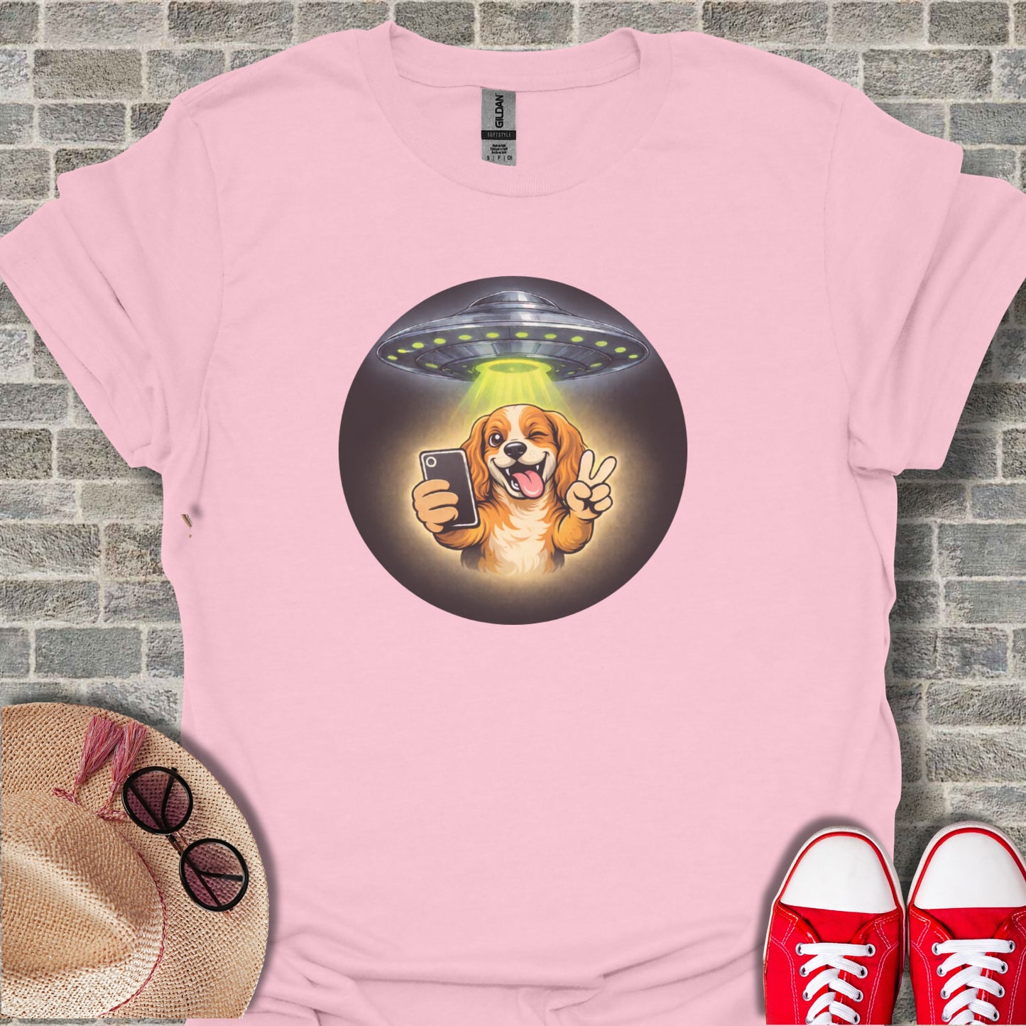 Dog Taking Selfie Alien Abduction Graphic T-shirt
