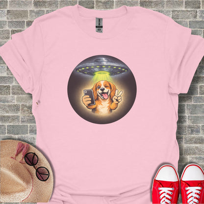 Dog Taking Selfie Alien Abduction Graphic T-shirt