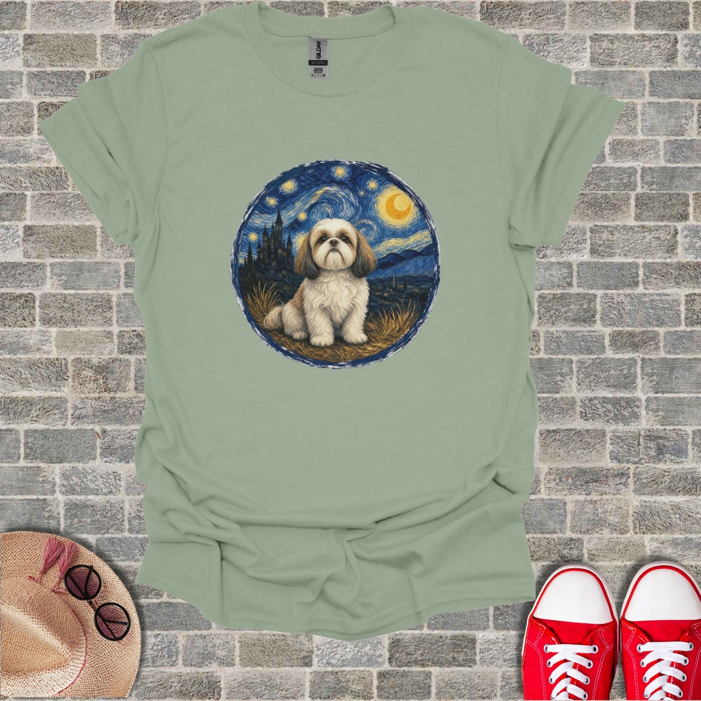 T-shirt with Shih Tzu dog painted in Van Gogh's Starry Night style.