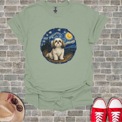 T-shirt with Shih Tzu dog painted in Van Gogh's Starry Night style.