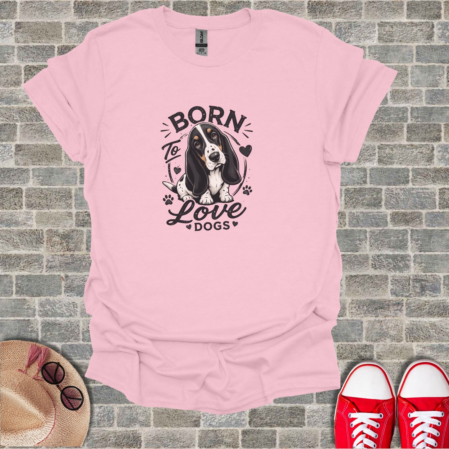 Pink t-shirt with a Basset Hound and "Born to Love Dogs" text design.
