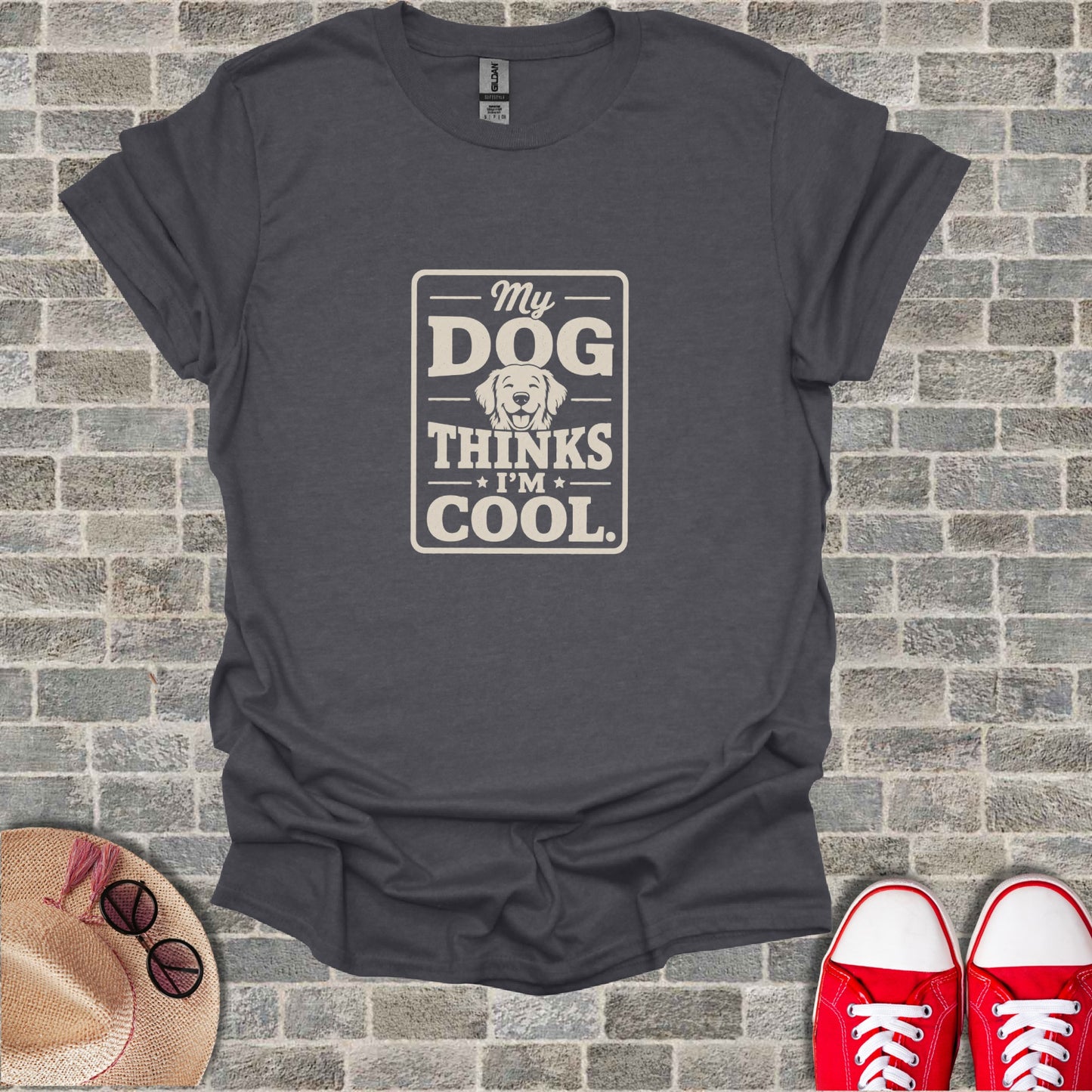 Dark grey t-shirt with "My Dog Thinks I'm Cool" text design.