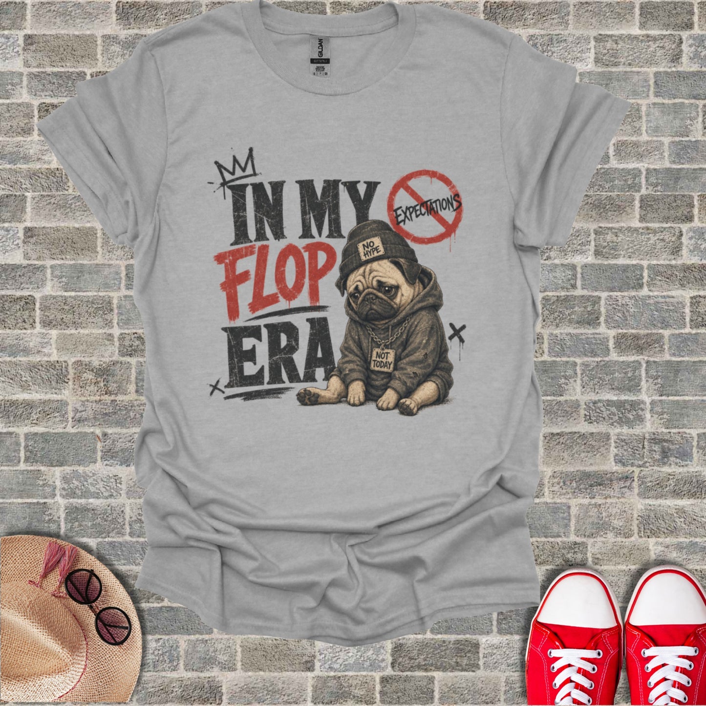 Grey t-shirt with "IN MY FLOP ERA" and a pug wearing a hoodie.