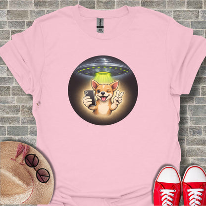 Alien Abduction Dog Taking Selfie with Peace T-Shirt