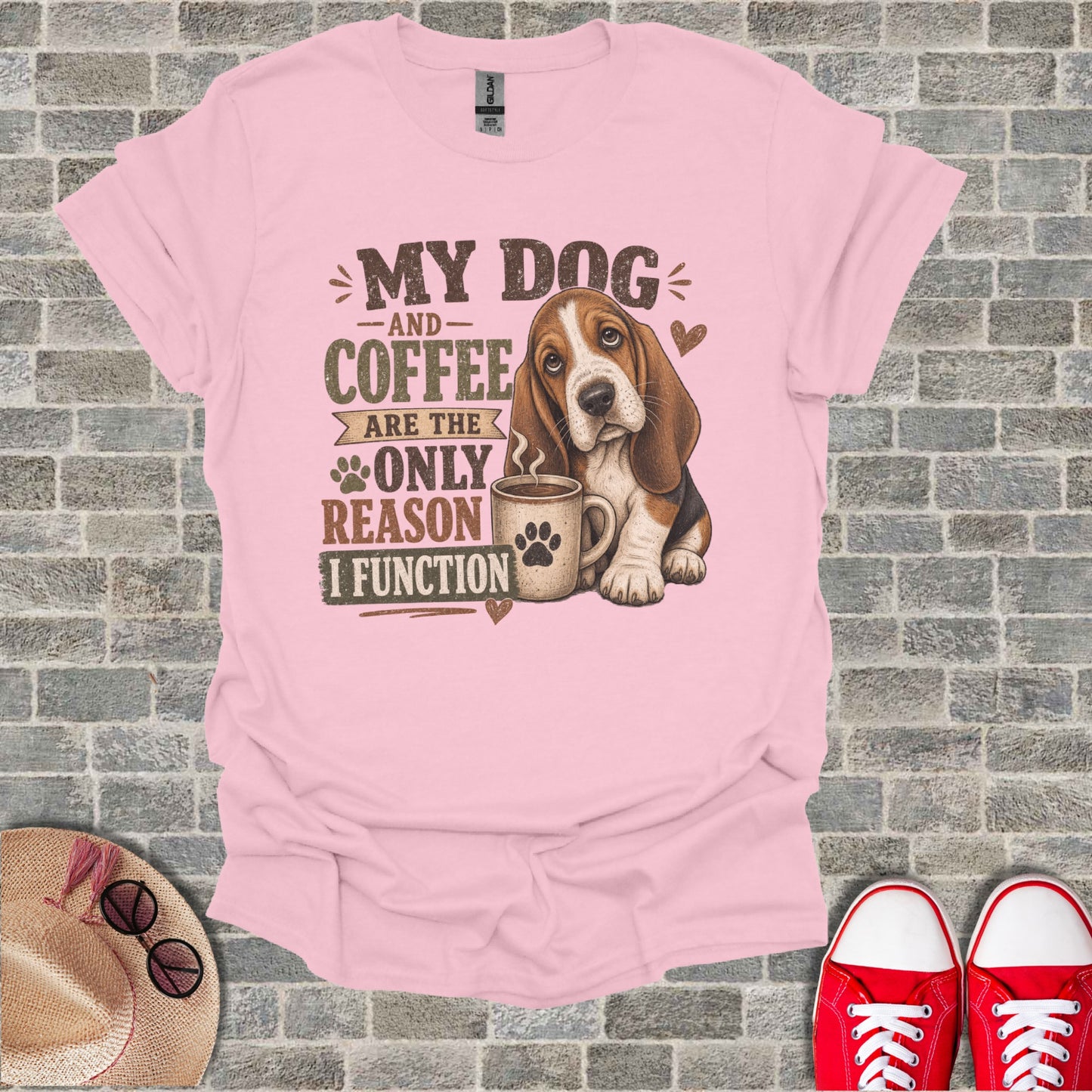 Basset Hound with coffee mug on pink t-shirt with text "My dog and coffee are the only reason I function".