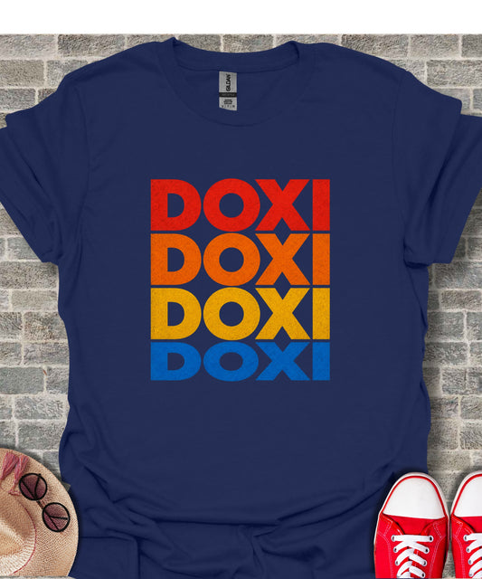Navy t-shirt with stacked "DOXI" text in red, orange, and blue.