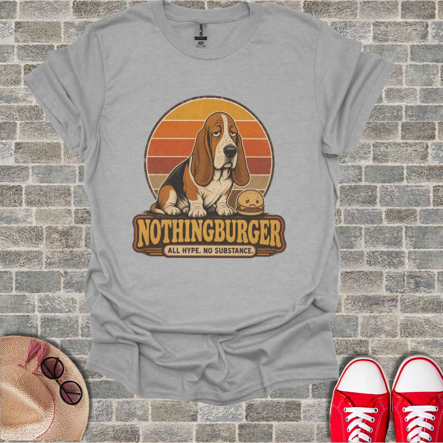 Basset hound wearing sunglasses with "NOTHINGBURGER" text and a burger.