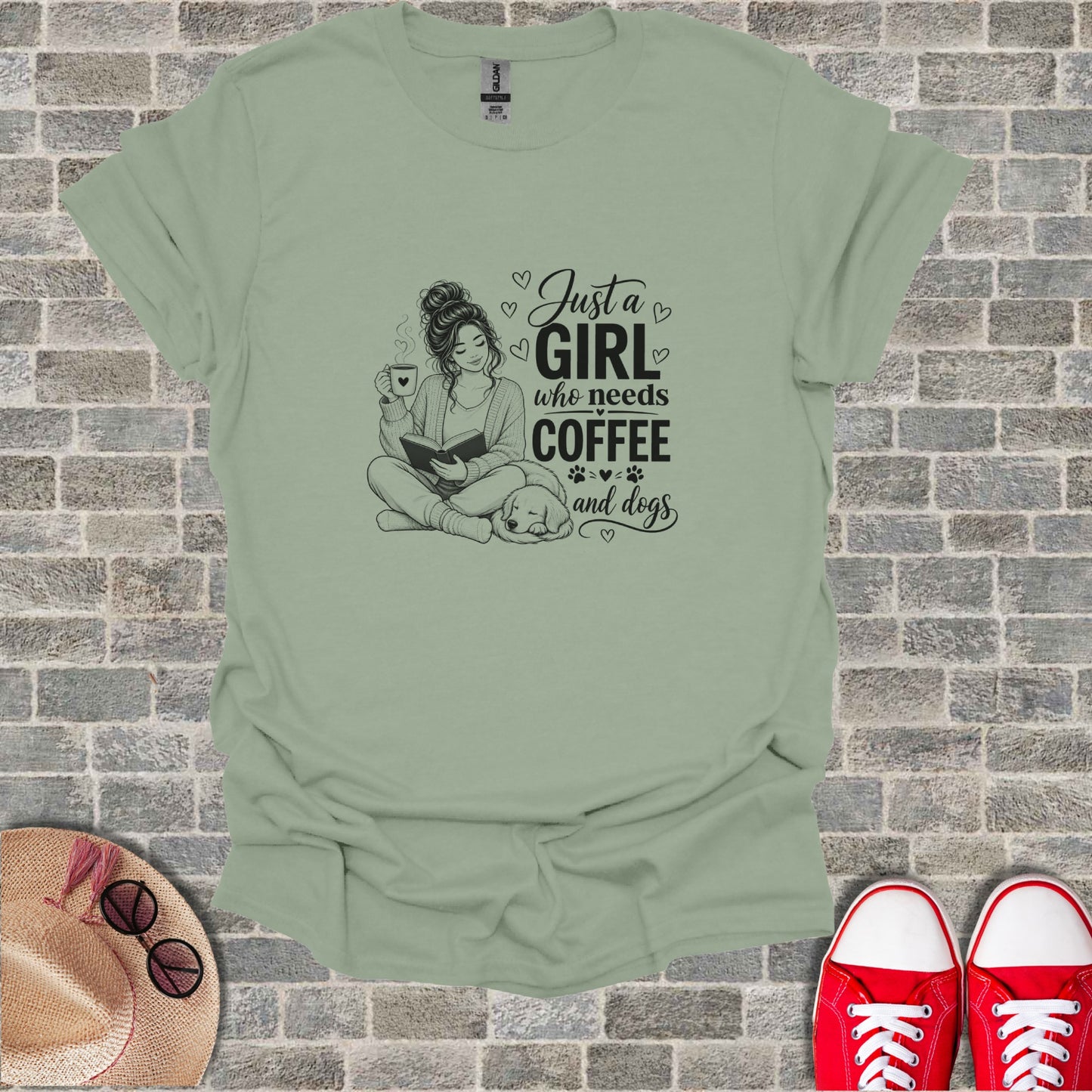 T-shirt with "Just a girl who needs coffee and dogs" design.