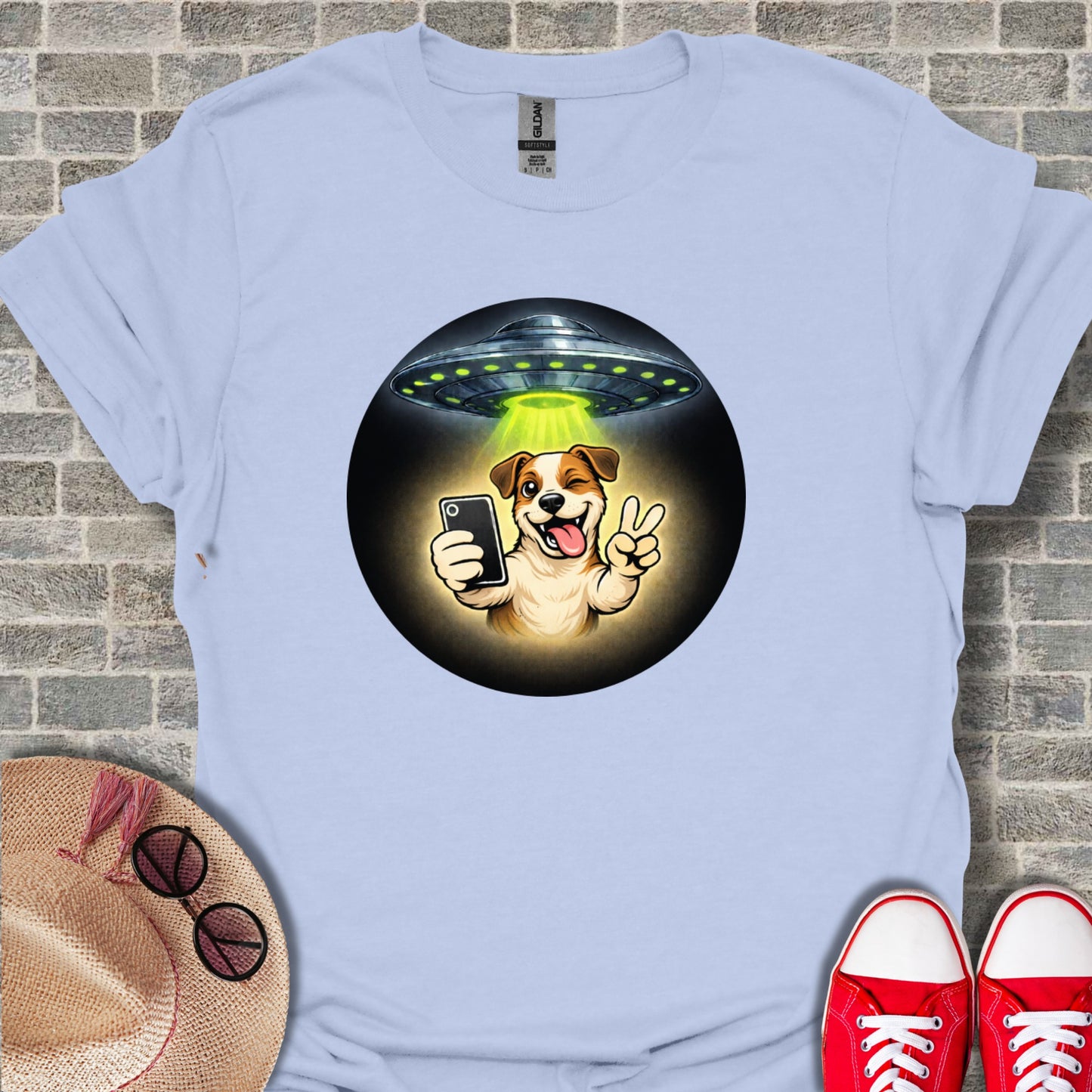 Alien Abduction Dog Peace Sign Selfie Graphic Shirt