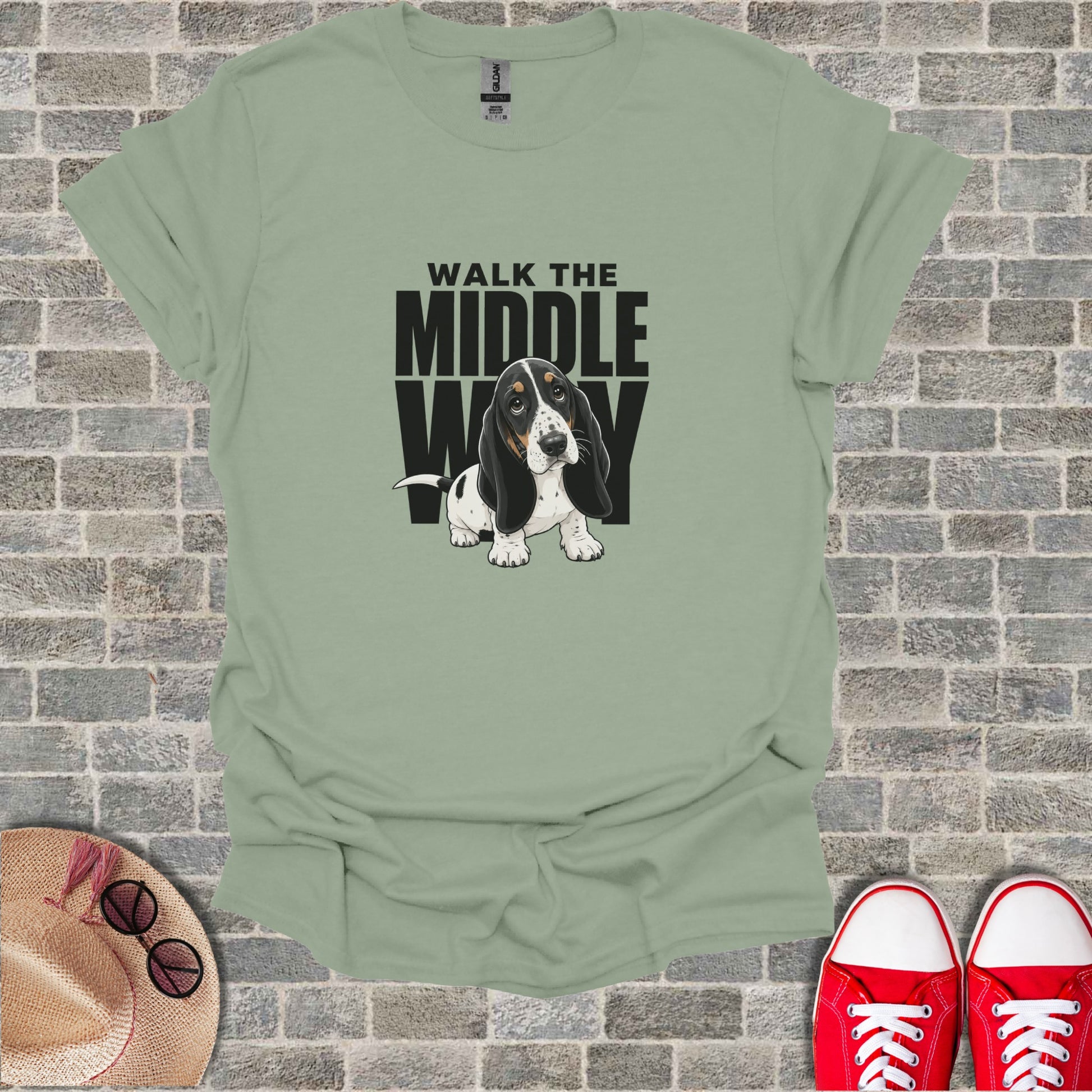Sage t-shirt with Basset Hound and "Walk the Middle Way" text.