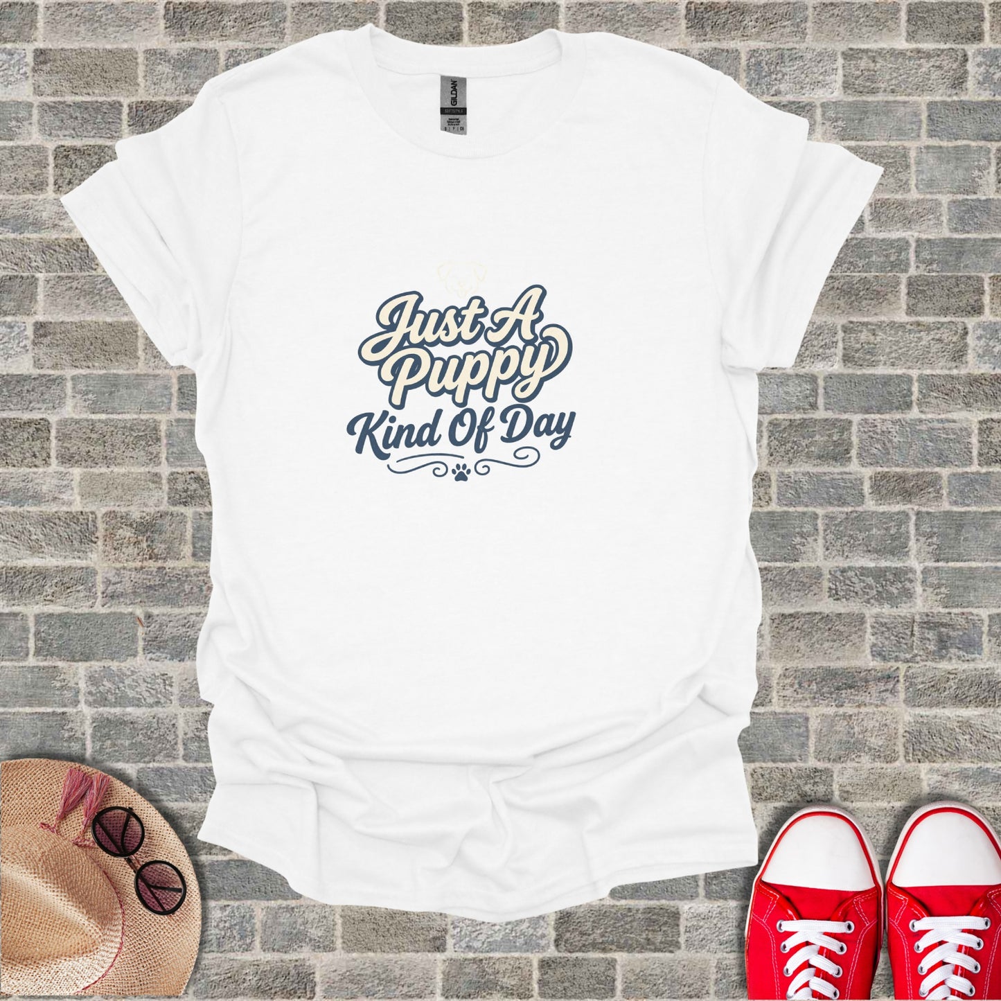 White t-shirt with "Just A Puppy Kind Of Day" text and paw print.