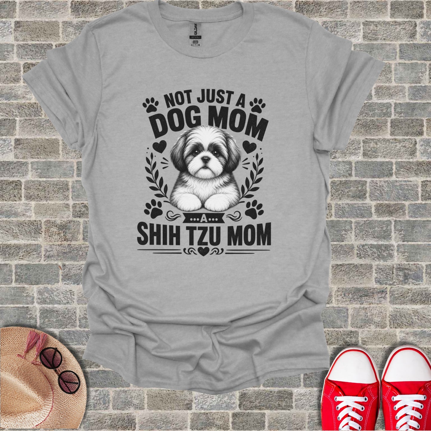 Grey t-shirt with "Not Just a Dog Mom... A Shih Tzu Mom" and Shih Tzu illustration.