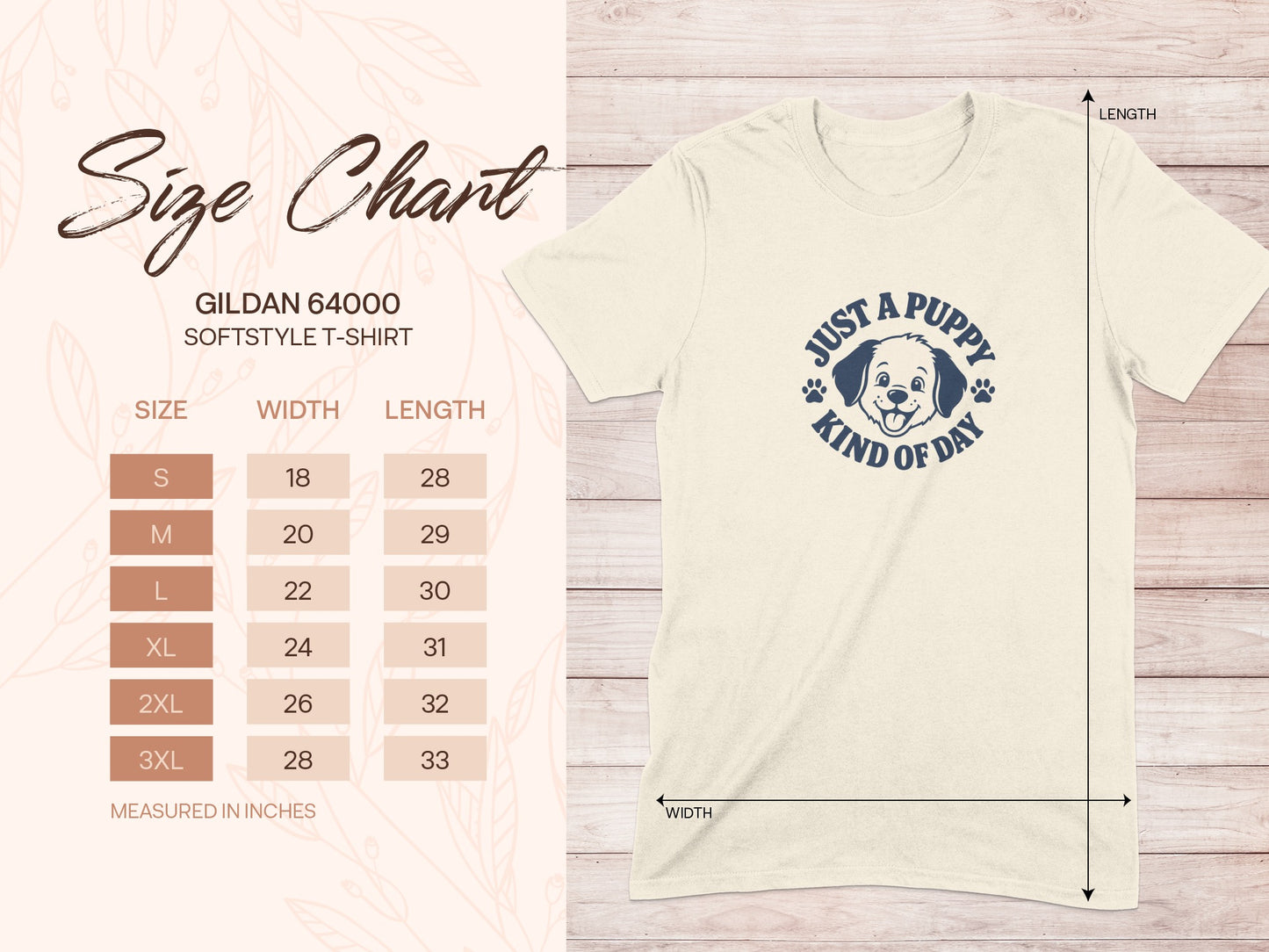 Gildan 64000 softstyle t-shirt size chart with puppy graphic.