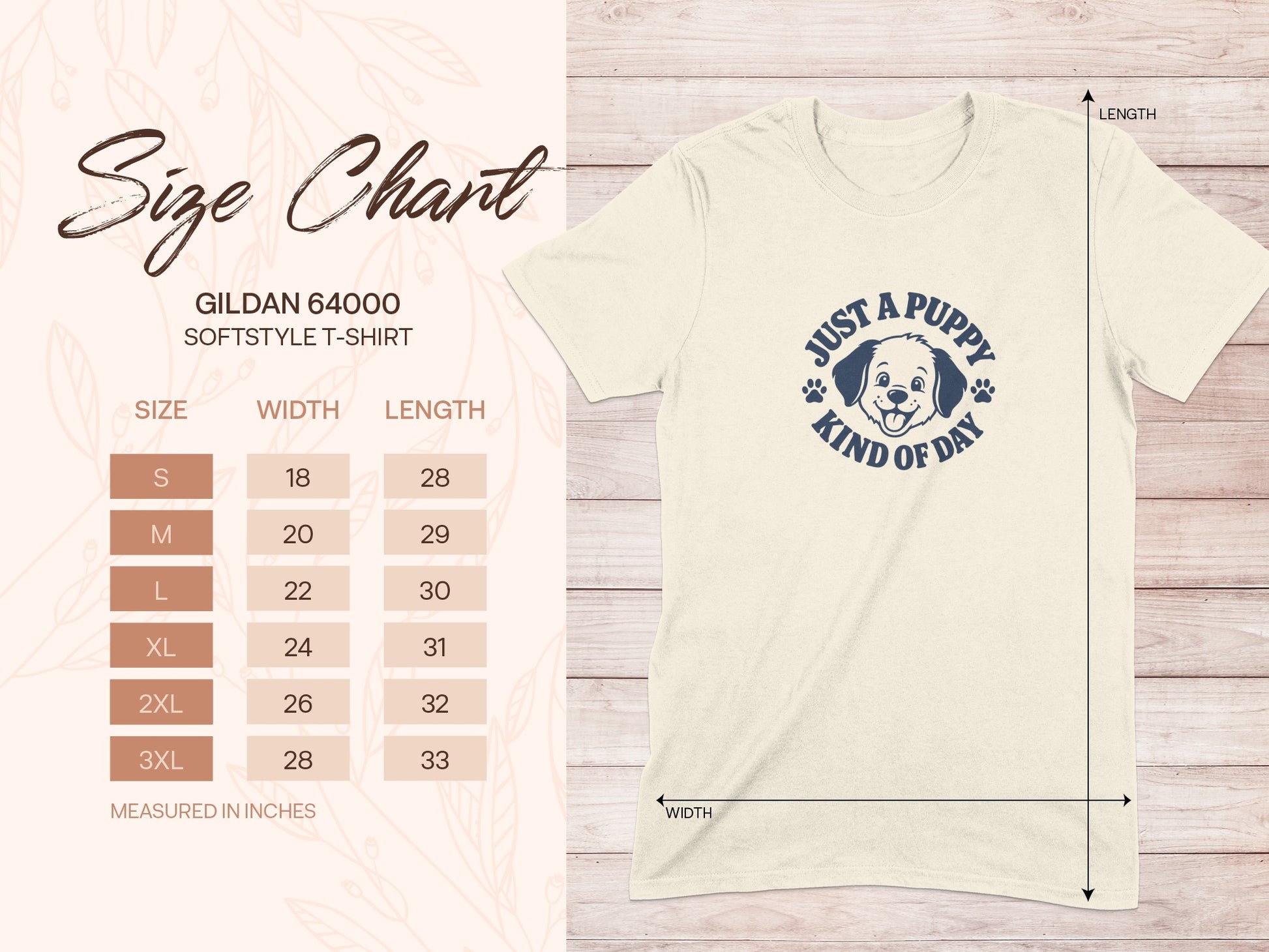 Gildan 64000 softstyle t-shirt size chart with puppy graphic.