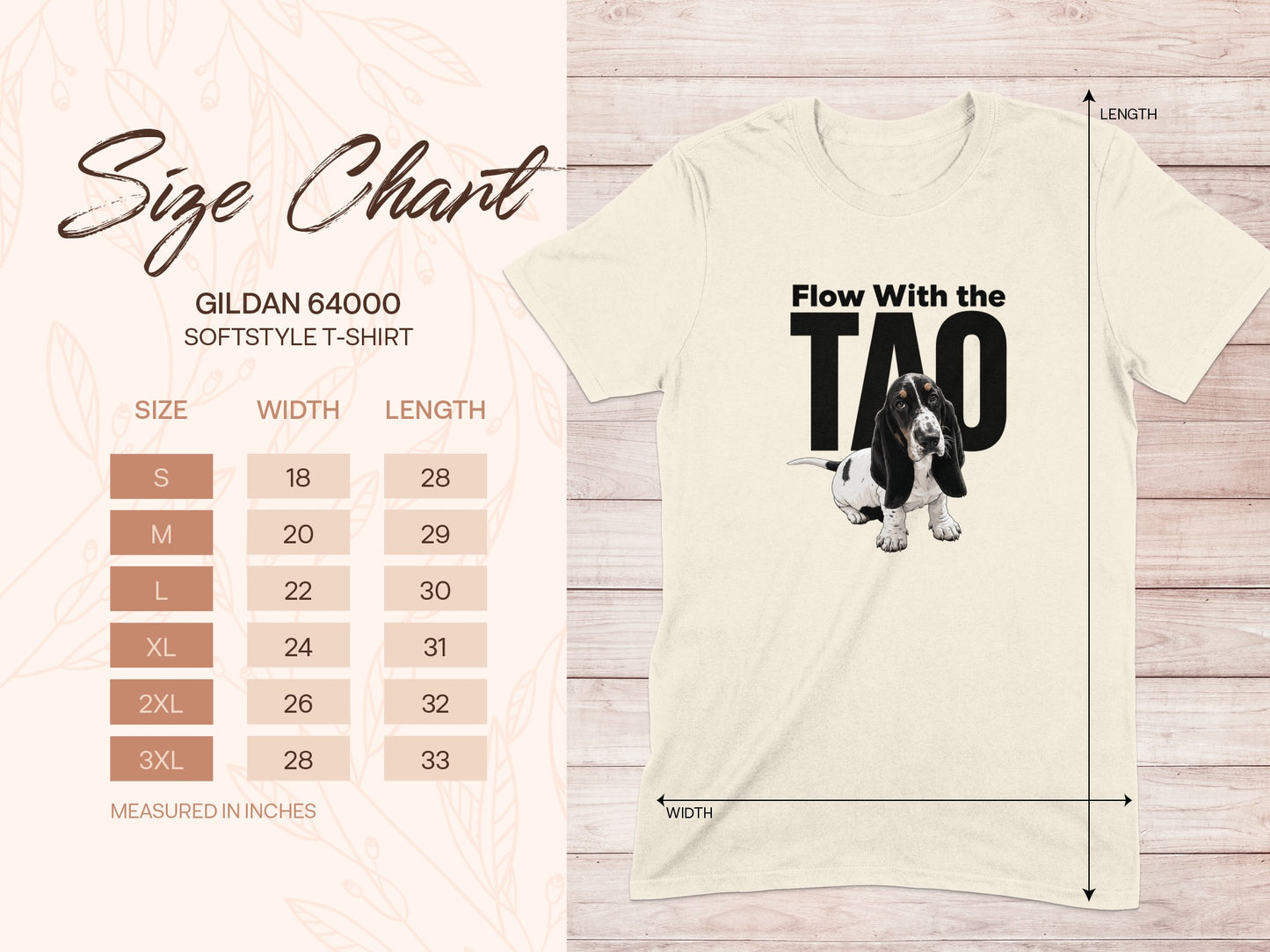 Gildan 64000 size chart with t-shirt and basset hound graphic.