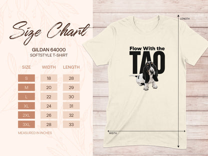 Gildan 64000 size chart with t-shirt and basset hound graphic.
