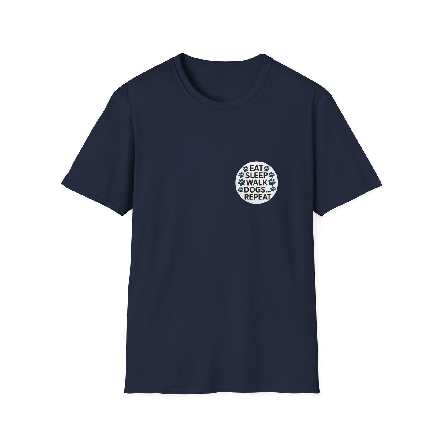Circular Dog Lover Graphic T-Shirt, Eat Sleep Walk Dogs Repeat Tee, Funny Puppy Paw Print Shirt, Bold Modern Typography Top, Playful Pet