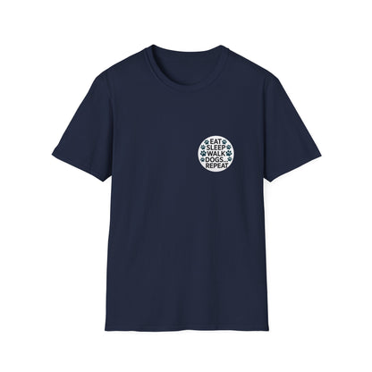 Circular Dog Lover Graphic T-Shirt, Eat Sleep Walk Dogs Repeat Tee, Funny Puppy Paw Print Shirt, Bold Modern Typography Top, Playful Pet