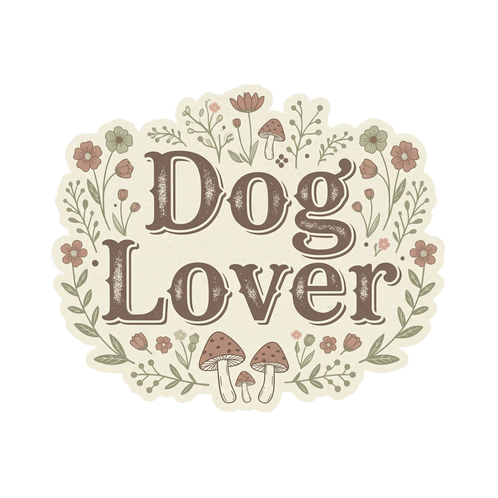 Floral wreath with "Dog Lover" text and mushrooms.