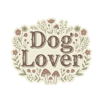 Floral wreath with "Dog Lover" text and mushrooms.