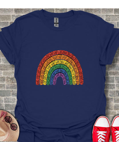 Navy t-shirt with a rainbow design filled with small cat silhouettes.