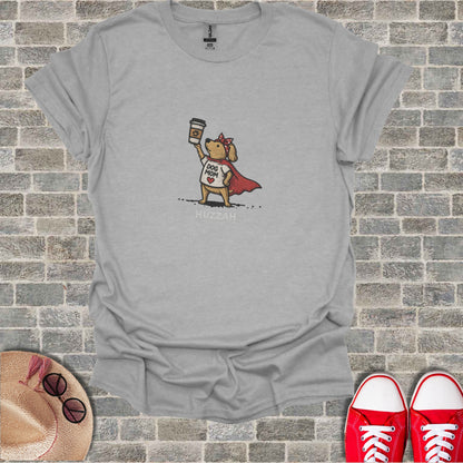 T-shirt graphic of a cartoon dog in a cape holding a coffee cup, text "DOG MOM".