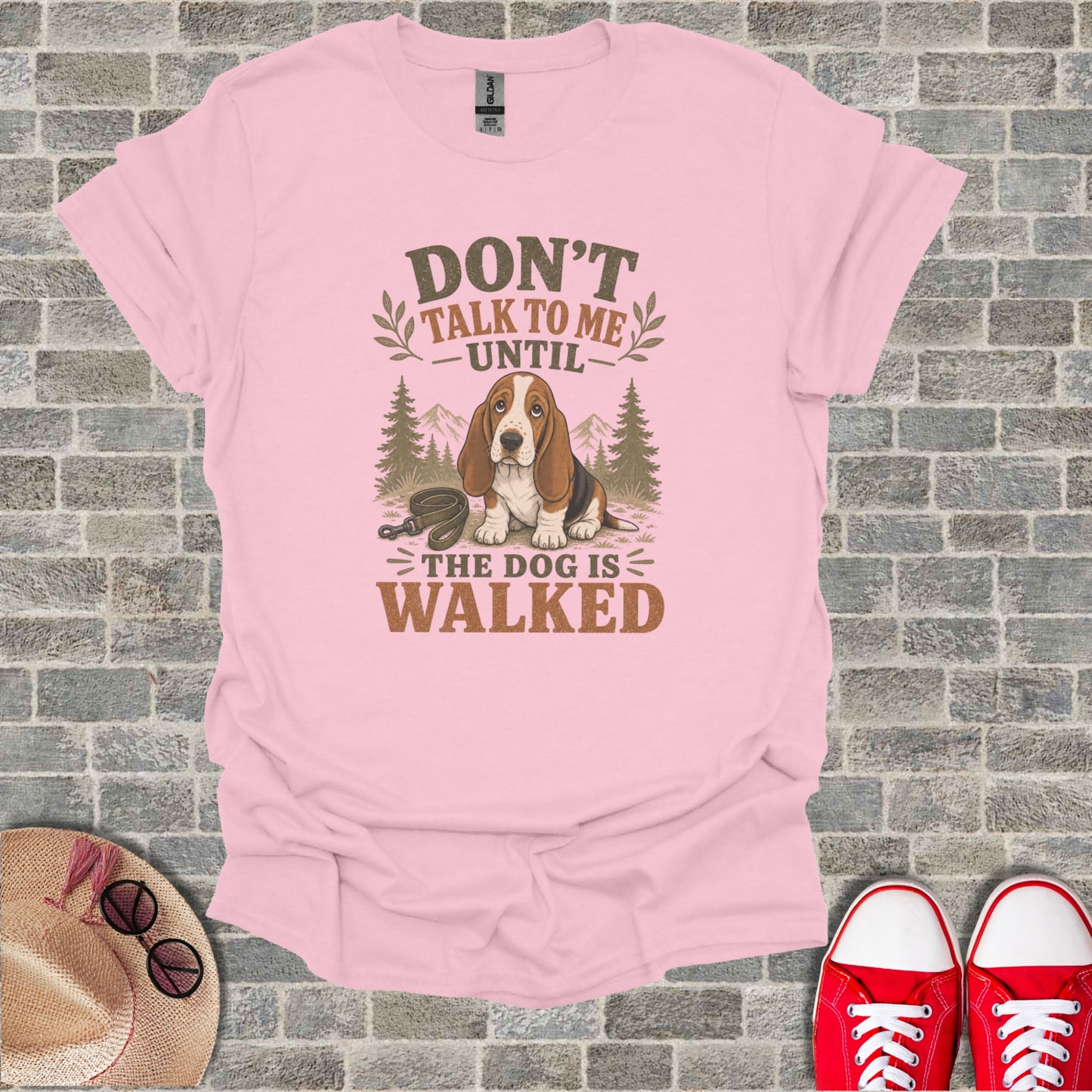 Pink t-shirt with a Basset Hound and "Don't talk to me until the dog is walked."